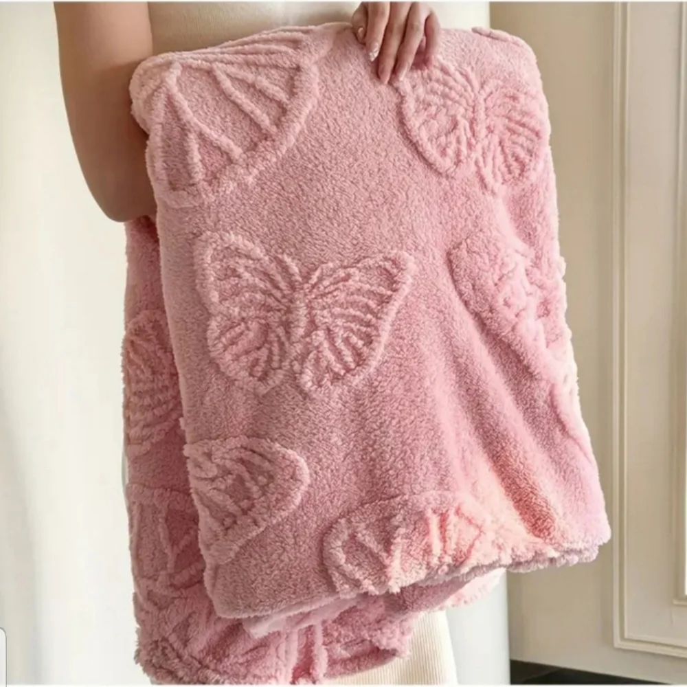 Super Soft Pink Embroidered Butterfly Throw Blanket